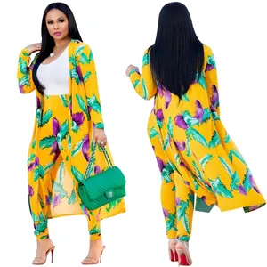Women's sexy yellow feather print long cardigan and matching pants two-piece set