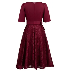 Back view of wine red lace patchwork high waist dress with elegant short sleeves