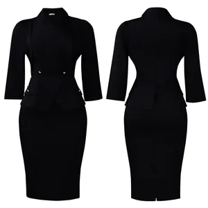 Vista frontale e posteriore di un elegante abito peplum nero con revers e maniche 3/4.