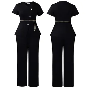 Detailed front and back views of a black two-piece outfit with floral buttons and gold chain belt.