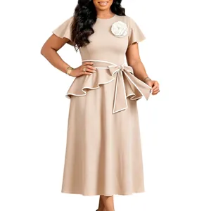 Elegant beige short-sleeved midi dress featuring a ruffled waist and a bow belt detail.