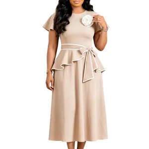 Elegant beige midi dress featuring ruffle sleeves and a stylish bow-tied peplum waist.