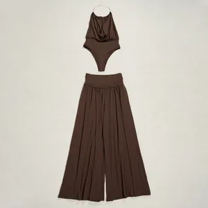 Elegant brown halter neck ruched top and wide-leg trousers two-piece fashion outfit set