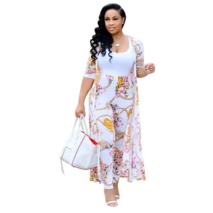Full view of women's floral print two-piece set including cardigan and long pants