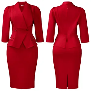 Elegante abito midi rosso con collo a scialle e baschina, vista anteriore e posteriore