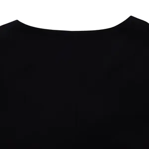 Macro view showing the clean neckline seam of a black summer two-piece casual outfit.