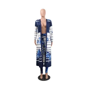 Detail view of the floral print two-piece outfit with long cardigan and leggings