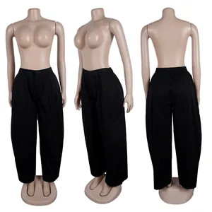 Full view of front, side and back of women's black loose wide-leg trousers on a mannequin