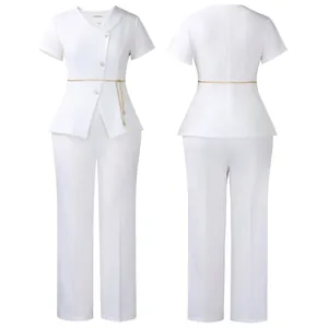Detailed front and back views of a chic white short-sleeve two-piece blazer and trouser set