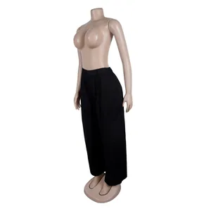 Detailed side view of women's black loose wide-leg commuting trousers on mannequin