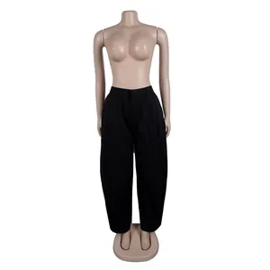 Detailed view of women's black wide-leg casual trousers with loose commuting silhouette