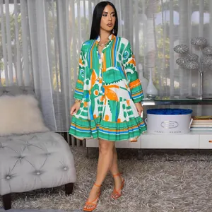 Elegant colorful abstract floral print V-neck loose tiered mini dress for women