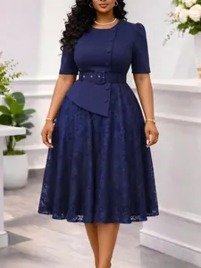 Women Elegant Fake Two Piece Lace Patchwork Dress High Waist Midi A-Line Summer Socialite Party Dress With Belt Plus Size