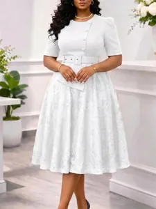Elegant white lace patchwork plus size midi dress with waist belt and button details