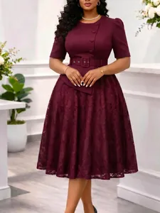 Elegant wine red lace patchwork faux two-piece dress with belt and buttons
