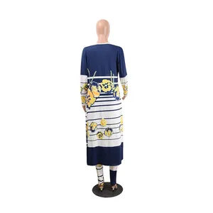 Back view detail of floral print cardigan and pants two-piece set with navy stripes