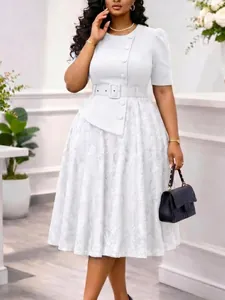 Elegant white lace patchwork dress with waist belt for summer fashion.