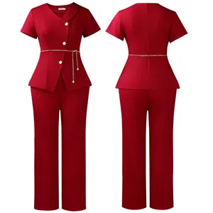 Front and back views of an elegant dark red two-piece suit with flower buttons and chain belt