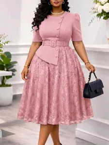 Elegant pink faux two-piece lace dress with high waist and belt for summer.