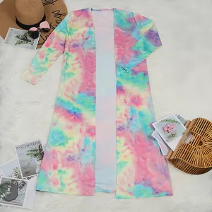 Detailed flat lay of a vibrant tie-dye print long sleeve open front resort style cardigan