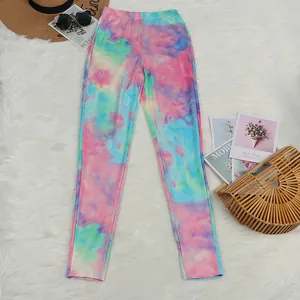 Stylish vibrant colorful tie-dye high-waisted skinny leggings for casual summer look