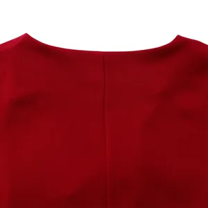 Detail shot of the neckline and red fabric texture for women's casual summer top
