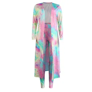 Two-piece set with long-sleeved cardigan and leggings in vibrant tie-dye print.