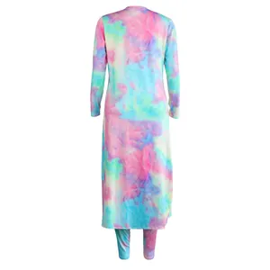 Detailed back view of colorful tie-dye print long sleeve cardigan and matching pants set