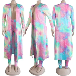Detail view of a vibrant colorful tie-dye cardigan and leggings two-piece set displayed on mannequin