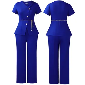 Front and back view of elegant royal blue women's 2-piece set with gold chain belt