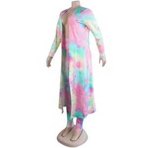 Full view of tie-dye long cardigan and matching leggings set on mannequin