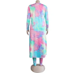 Vibrant tie-dye print cardigan and matching pants two-piece set shown from back view