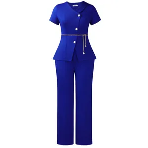 Full view of elegant royal blue short sleeve top and trousers two-piece suit with belt