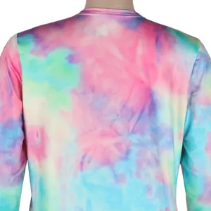 Detailed back view showing the vibrant multi-color tie-dye print of this long sleeve cardigan