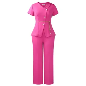 Vibrant pink two-piece summer suit with floral buttons and gold chain belt detail