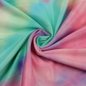 Macro detail of colorful tie-dye fabric with soft pastel gradients and knit texture