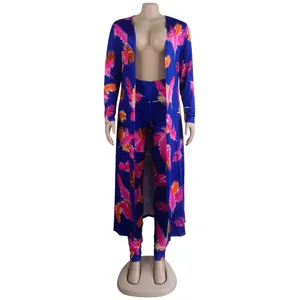 Two-piece vibrant pink feather print set featuring a long sleeve open cardigan and leggings