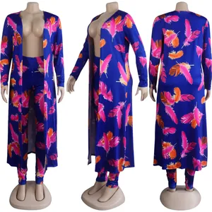 Triple angle view of women's colorful feather print cardigan and matching leggings