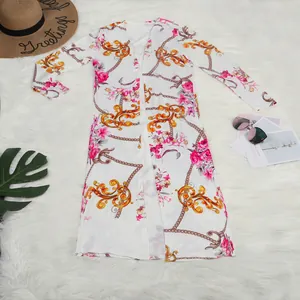 Close-up detail showing the sexy floral and chain print long-sleeve open cardigan