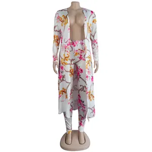 Sexy floral baroque print two-piece outfit featuring long cardigan and leggings for women