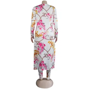 Detailed back view of a women's floral and chain print long-sleeved two-piece cardigan set