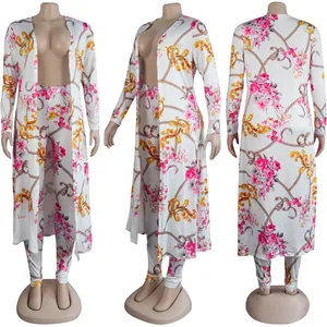 Front side and back views of floral chain print long sleeve cardigan two-piece set