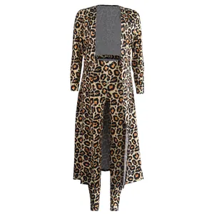 Detail view of stylish leopard print two-piece set featuring long cardigan and leggings