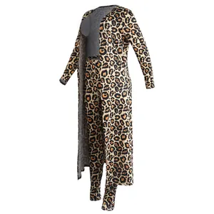 Detailed view of women's leopard print two-piece set with long cardigan and leggings