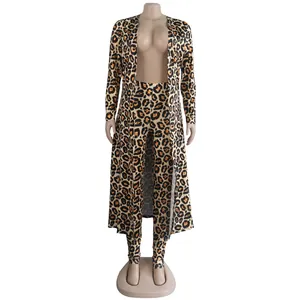 Front view of sexy leopard print two-piece set with long cardigan and leggings