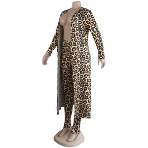 Full view of a sexy leopard print two-piece set including a long cardigan and leggings