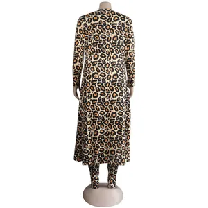 Back view of a sexy leopard print long sleeve cardigan and leggings two-piece set