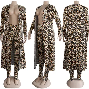 Sexy leopard print long sleeve cardigan and leggings two-piece clubwear set for women