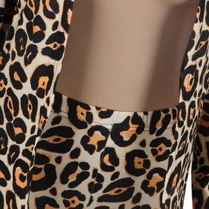 Close-up detail of a sexy leopard print two-piece cardigan and matching pants set.