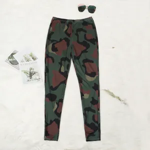 Detailed full view of women's high waist camouflage print leggings for clubwear style